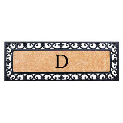 Albertina Natural Coir & Rubber Myla Paisley Monogram Door Mat, 18"x48", Black, Heavy-Duty Outdoor Front Porch Entrance Doormat