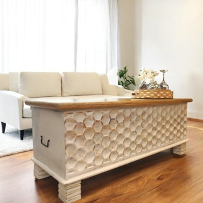 Hand-crafted Solid Wood Large Bench Trunk With Honeycomb Carved Front Panel