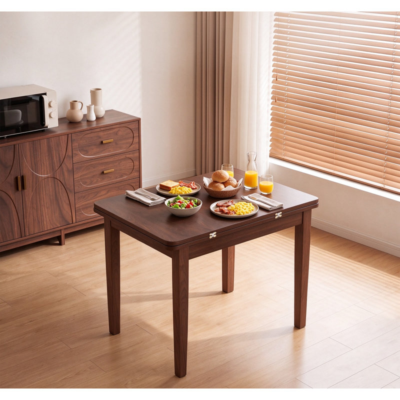 Solid Wood Extendable Dining Table, 35.43"-51.18" Walnut Kitchen Table with Folding Rotating Drop Leaf Design for Home Office, Space-Saving