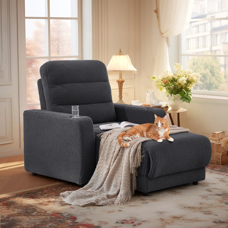 Upholstered Power Reclining Chaise Lounge with Cup Holder and Wireless Charging Function, Dark Gray 100% Polyester