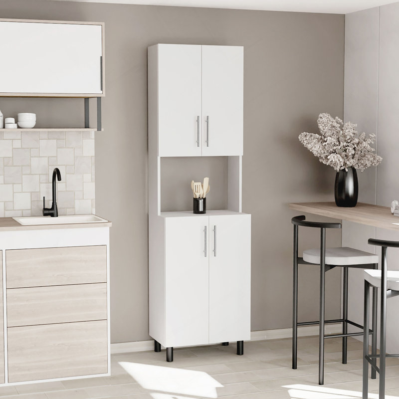 Linden 76,8" Tall Two Double Door Cabinet Kitchen Pantry With Hutch And Five Shelves, Microwave Cabinet, Storage Cabinet, Kitchen Organization, Garage Cabinet, Kitchen White