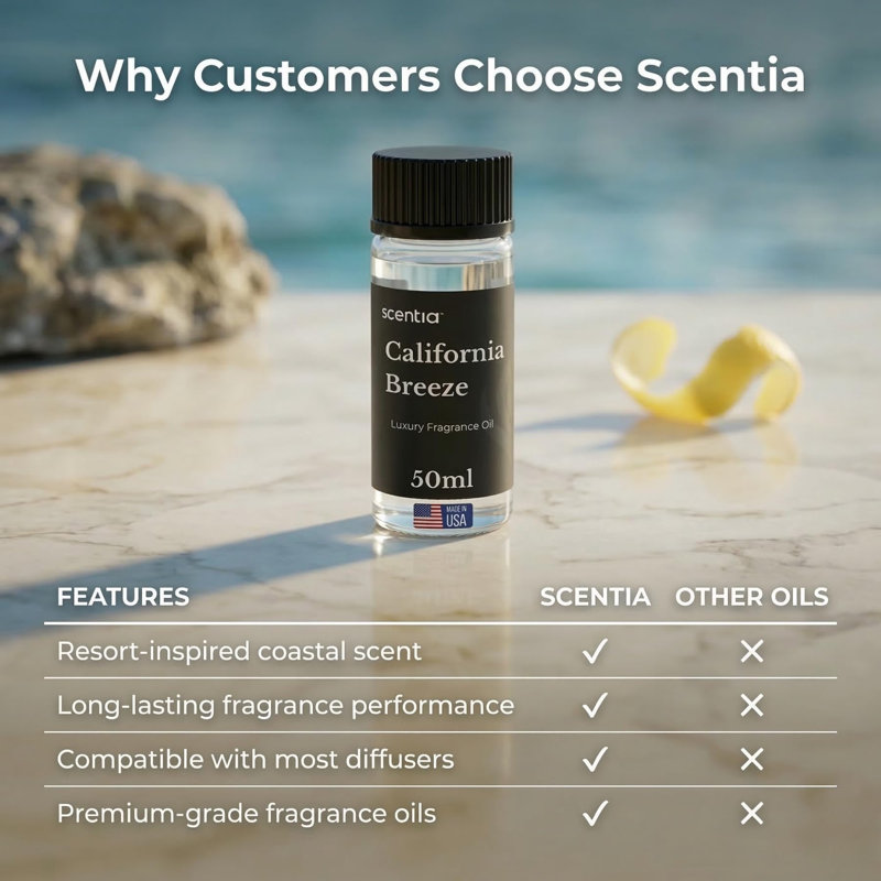 Huile pour diffuseur de parfum Scentia California Breeze Hotel - Parfum de luxe inspiré par Delano Beach Club - 50 ml - Mélange d'huiles essentielles orange, thé vert et jasmin pour la maison, le bureau et les diffuseurs d'aromathérapie