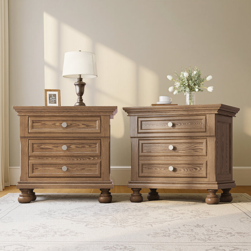 26'' W Classic Solid Wood 2-Drawer Nightstand with Roman Column Legs,Minimal Assembly Needed,Light Brown