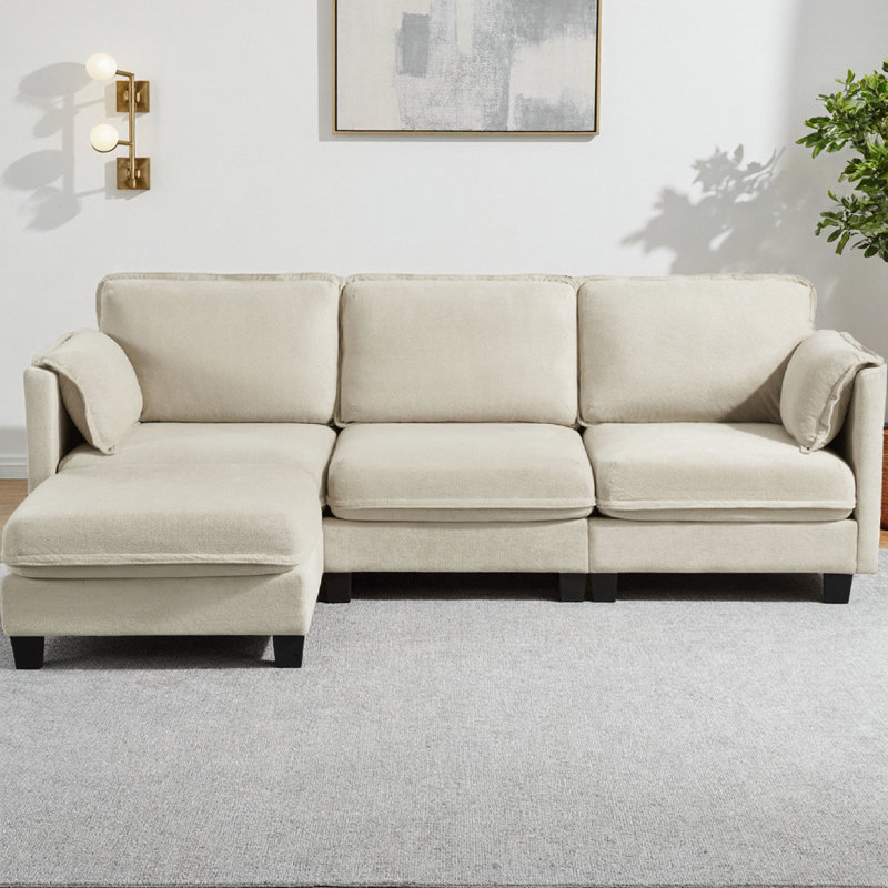 Canapé modulaire en L rembourré en tissu avec repose-pieds et coussins de rangement, canapé 3 places pour le salon, le bureau et les espaces spacieux