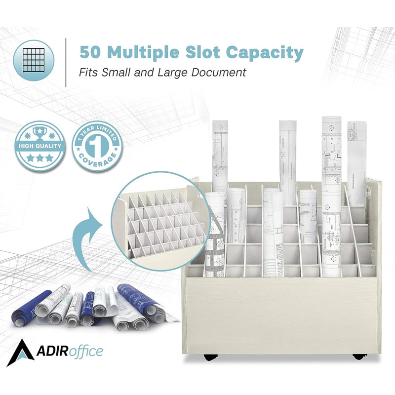 White Wood Mobile Roll File Storage Organizer with 50 Compartments