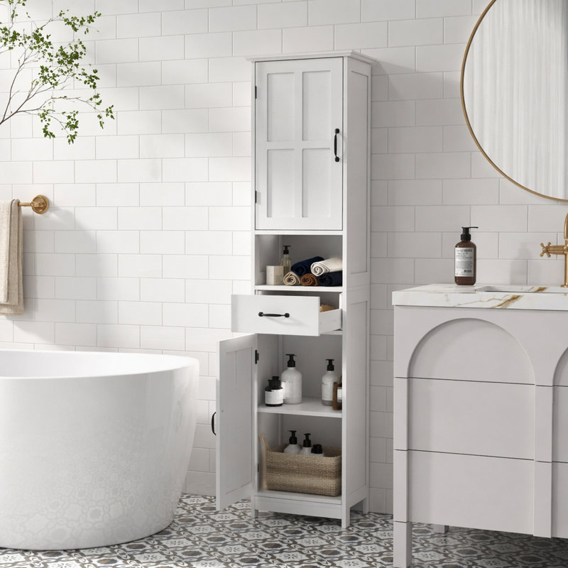 Armoire de rangement pour salle de bain mince kleankin, grande armoire de salle de bain, tour à linge avec tablette ouverte, tiroir, portes encastrées et tablettes réglables, blanc
