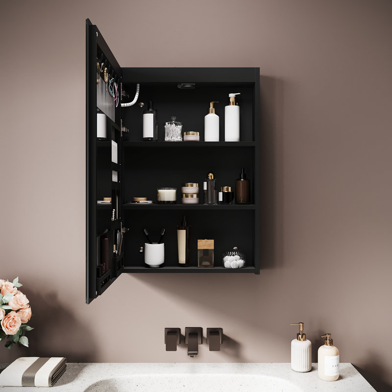 48.5mm W 70mm H Wall Mounted Optional Frameless Medicine Cabinet Mirror 2 Fixed, Black