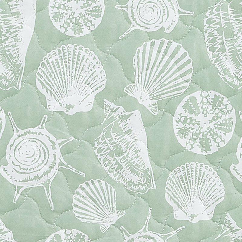 Full Green and White Seashell Reversible Microfiber Quilt Set