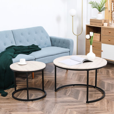 Tables gigognes grises rondes. Cadre en métal café pour le salon. Options de style industriel, de bout et de table d'appoint. Économie d'espace et fabrication stable. Capacité de poids de 22 lb chacune. 29,5 po x 19,25 po H 19,75 po