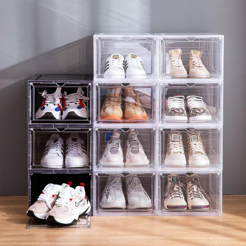 X-Large Clear Plastic Shoe Boxes,Stackable Shoe Organizer With Magnetic Door, Drop Front Display Box (Clear Black/9 Pack)