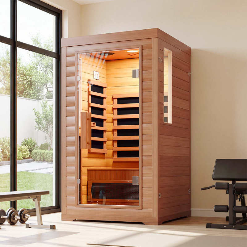 1-Person Indoor Low EMF Far Infrared Sauna with 6 Infrared Heating Elements, Premium Solid Wood, 7-Color Chromotherapy Lighting & Bluetooth Audio