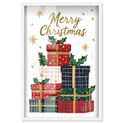 Décoration de Noël Merry Christmas Gift I Shadowbox Print par Art Remedy, cadre blanc, 11 x 16