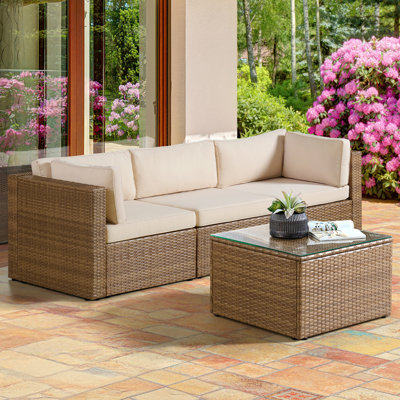 Montara 4 Piece Modular Outdoor Patio Furniture Set - Weather-Resistant Wicker Rattan Patio Set with Outdoor Couch and Coffee Table for Backyard, Porch, Deck or Poolside (Tan/Cream)