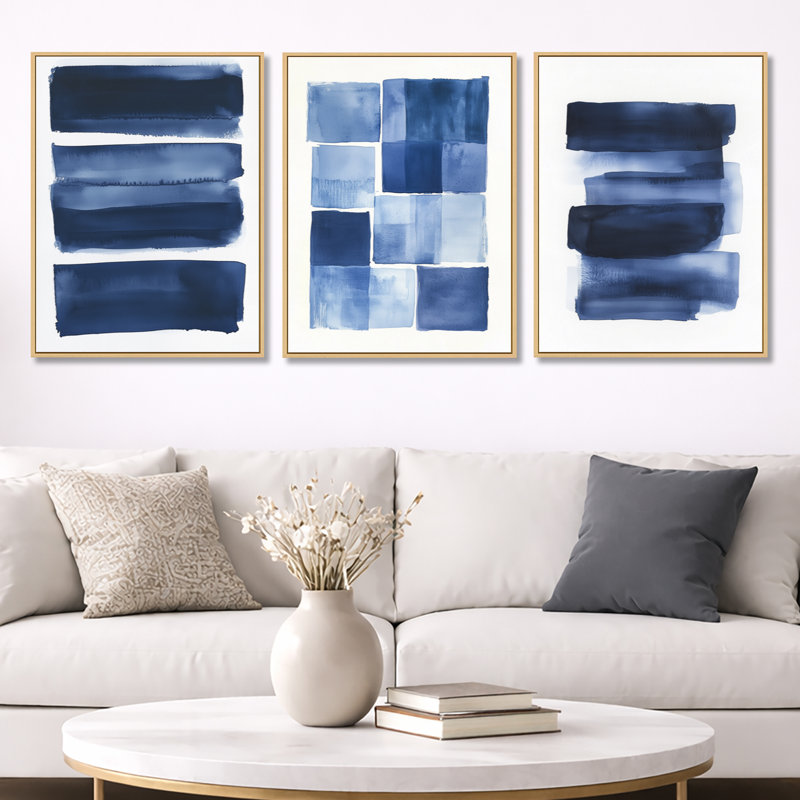 Indigo Horizon II - ensemble de 3 reproductions sur toile abstraites encadrées, H 32 po x l 72 po