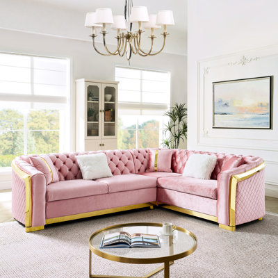 Canapé modulaire rose en forme de L de 106 pouces avec accents en acier inoxydable doré, bouton en velours, 5 sièges, coussins rembourrés de mousse, accoudoirs roulés, dossier à ressorts indépendant, espace de montage facile