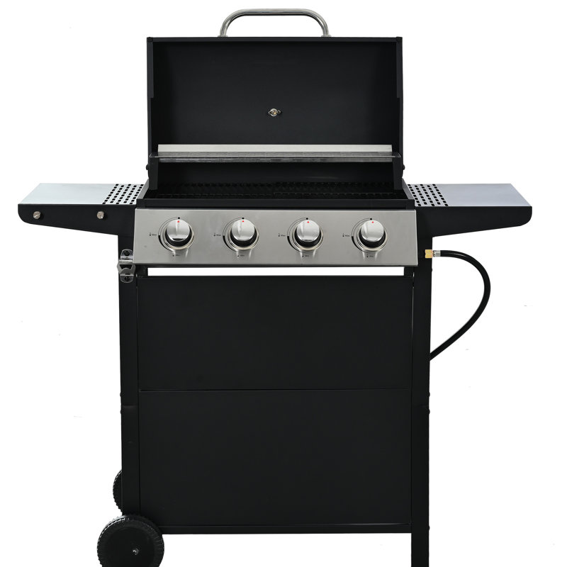 Barbecue au propane en acier inoxydable avec 4 brûleurs, avec deux tablettes, des roues et un couvercle pour brûleur de patio en acier