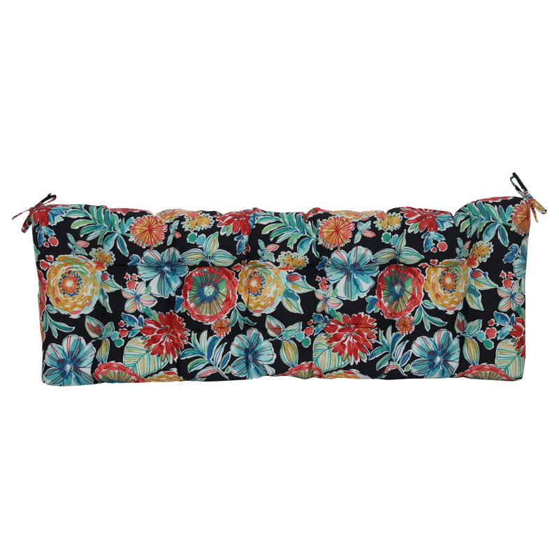 Tufted Outdoor Bench Cushion, 55" W x 19" D, Black/Colsen Noir Floral