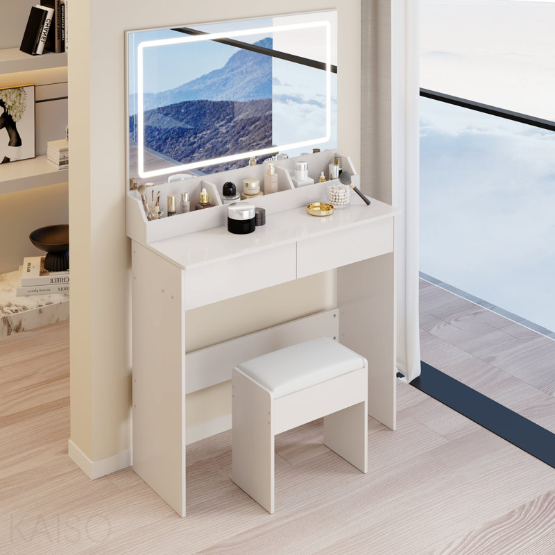 31" X 20" Extra Large Led Mirror Makeup Vanity Table + Soft Cushion Stool Suit, Touch Switch, 3 Colors, Adjustable Brightness, Large Capacity Storage, Compact Dressing Table Suitable For Small Space