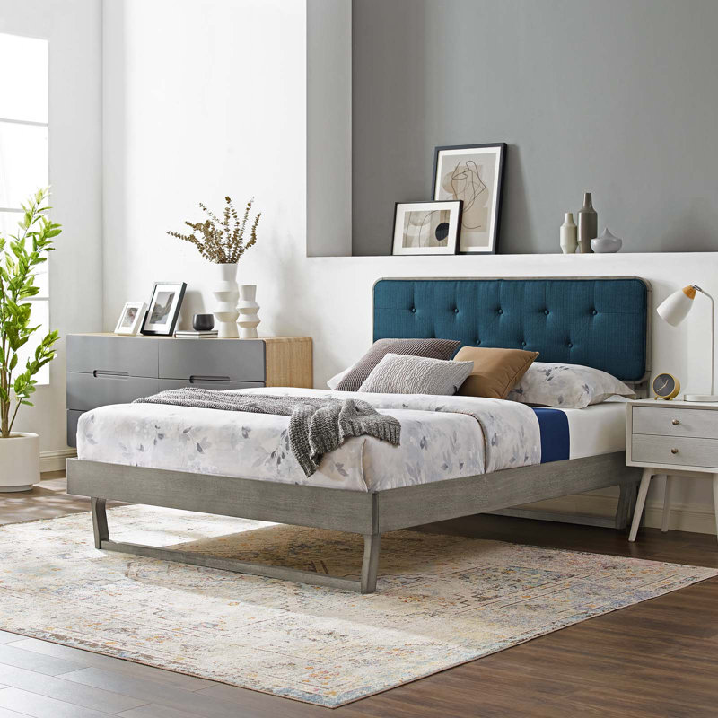 Bridgette Wood Platform Bed with Angular Frame, Gray/Azure, Queen