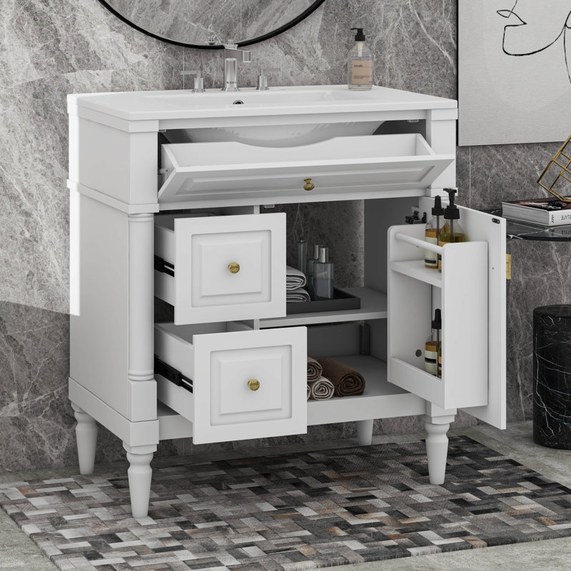 Meuble-lavabo 30 po avec lavabo, tiroir rabattable et tablette réglable, Blanc