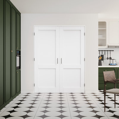 Interior 2-Panel Solid Core Door, CARB P2 Certified MDF Double French Doors, Includes Frame & Matte Black Hardware-Ball Catches & Hinges & Handles, Pre‑Finished & Waterproof, for Pantry, Bedroom, Bathroom & Closet, Easy DIY Stain, 64"x 80"