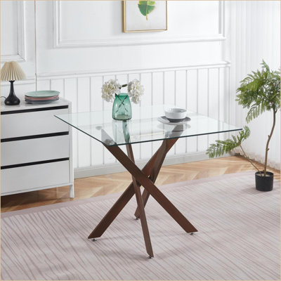 Table basse réglable en noyer avec pieds croisés en métal Verre trempé, facile à nettoyer pour le salon