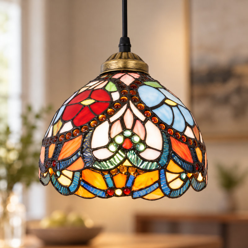 Luminaire suspendu rétro à 1 lumière avec abat-jour en verre coloré Tiffany (ampoule incluse)