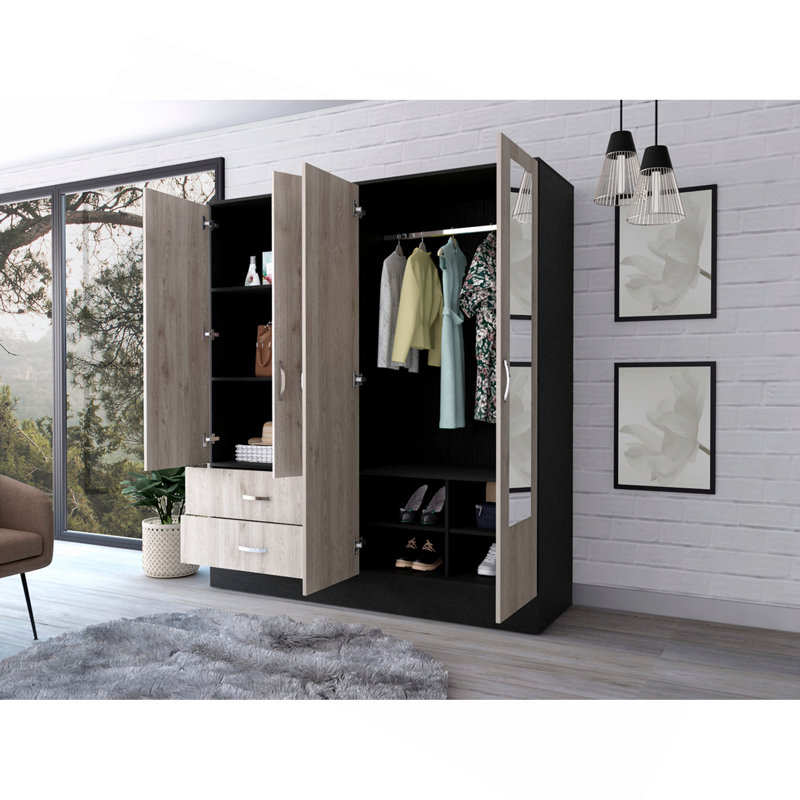 Armoire Florencia L avec miroir, deux armoires avec compartiments, noir et gris pâle