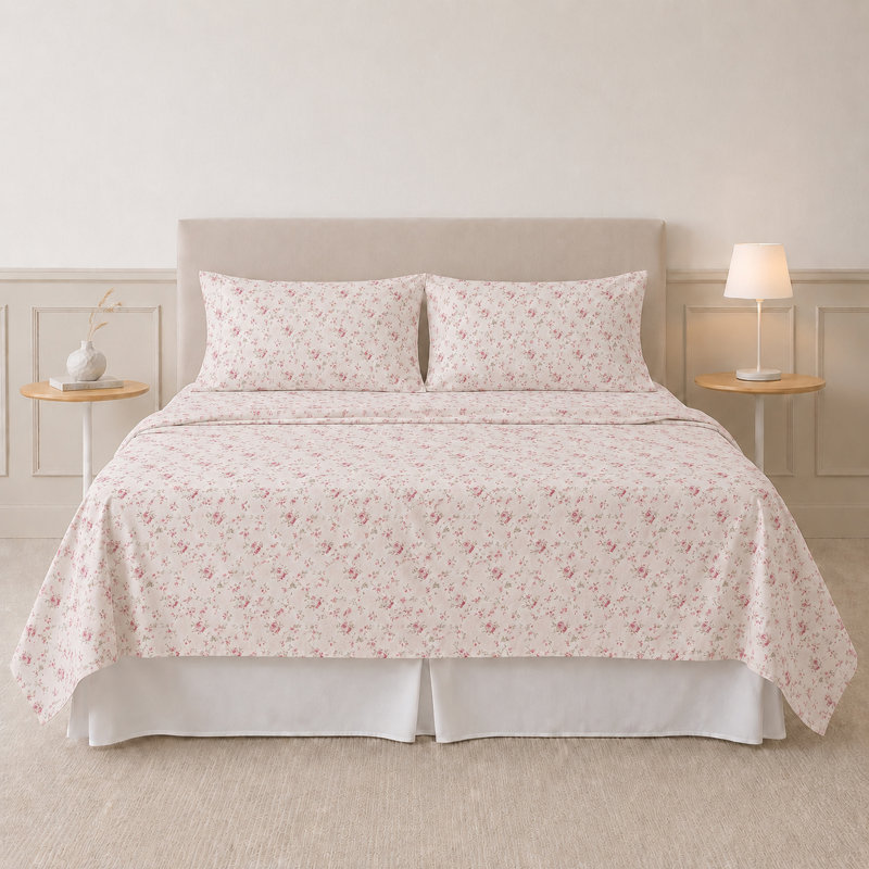 Ensemble de draps en microfibre 4 pièces Modern, Ensemble de draps pour grand lit avec 2 taies d'or, 32 - rose floral
