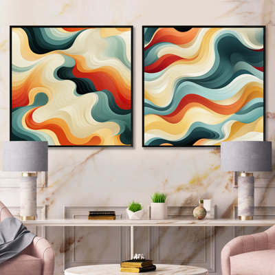 Nostalgic Mod Waves - Ensemble de 2 collages abstraits carrés