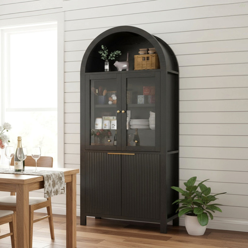 71" Fluted Tall Arched Pantry Cabinet With Adjustable Shelves, Elegant Display Storage With Hidden Drawer & Glass Door For Kitchen, Living Room, Dining Room