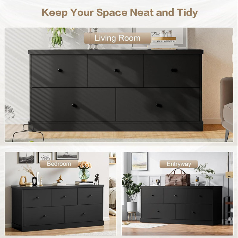 Commode pour chambre à coucher, commode large avec 5 tiroirs en bois, meuble télé, design moderne pour chambre à coucher, salon, couloir et entrée (noir)