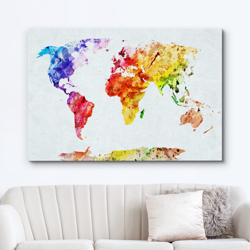 Mappemonde avec aquarelle, H 12 po x l 18 po x P 1,5 po