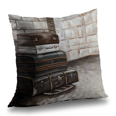 Four Old Traveling Suitcases Pillow - Brown – Poly Twill Throw Pillow with Insert, Double-Sided Print