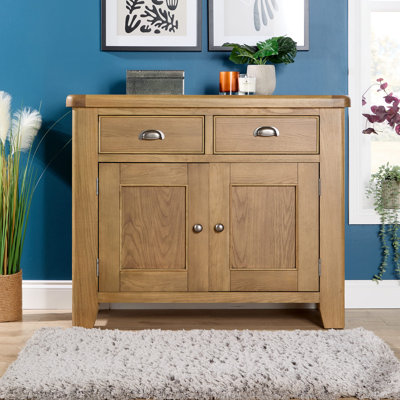 Gwenaelle Fully Assembled Solid Wood with Oak Veneer 2 Drawer Compact Cupboard Sideboard Storage Unit