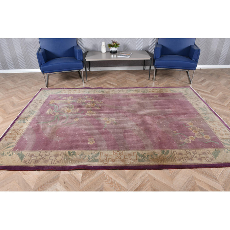 Grand tapis turc rétro en laine mauve idéal pour les salons et présentant un motif coloré