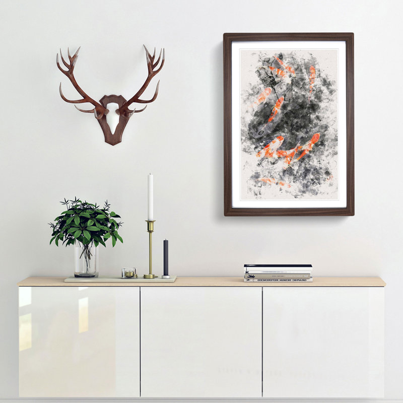 Carp and Koi Fish - Picture Frame Painting Print, 33cm H x 24cm W x 2cm D, Walnut Framed