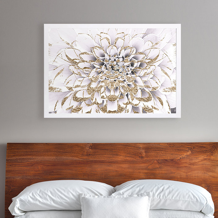 Impression sur toile tendue, "Floralia Blanc", H 32" x 47" W x 0.5" D, Encadré, Blanc