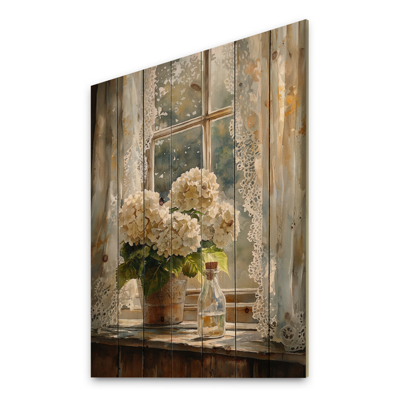 Hortensias de ferme et rideaux en dentelle II - décoration murale en bois d'hortensias - sur bois de pin naturel