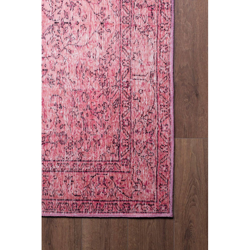 Tapis rose à motif tissé rétro, Carré 5 pi