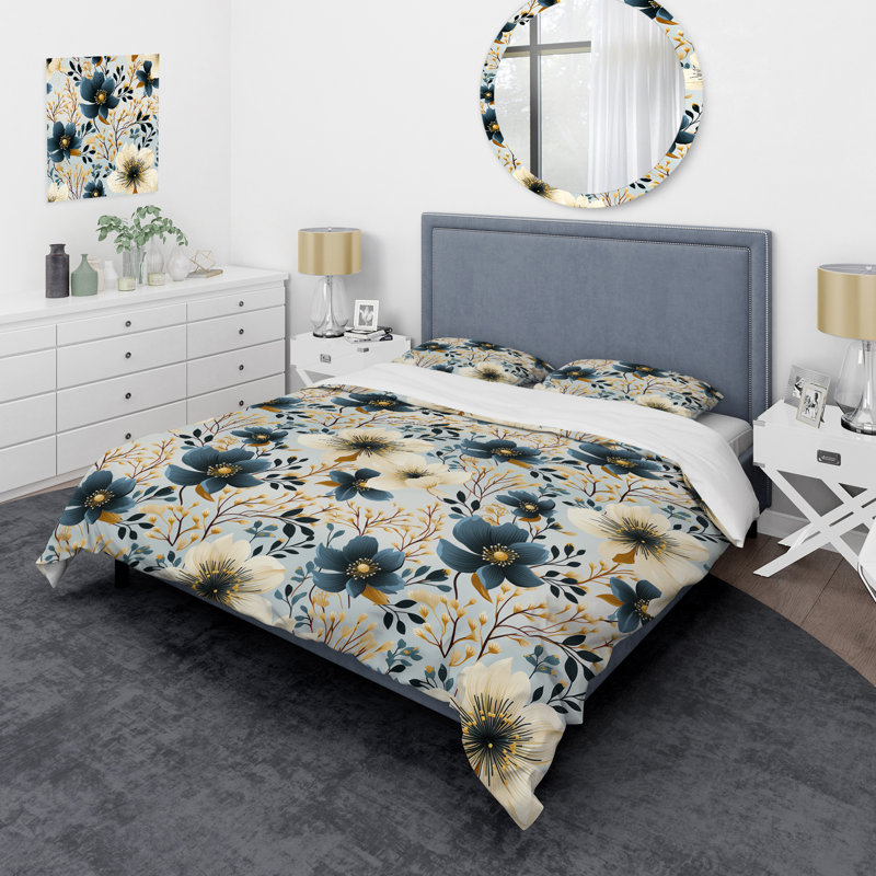 Ensemble de housse de couette à motif floral bleu et ivoire, Housse de couette pour grand lit et 2 taies décor