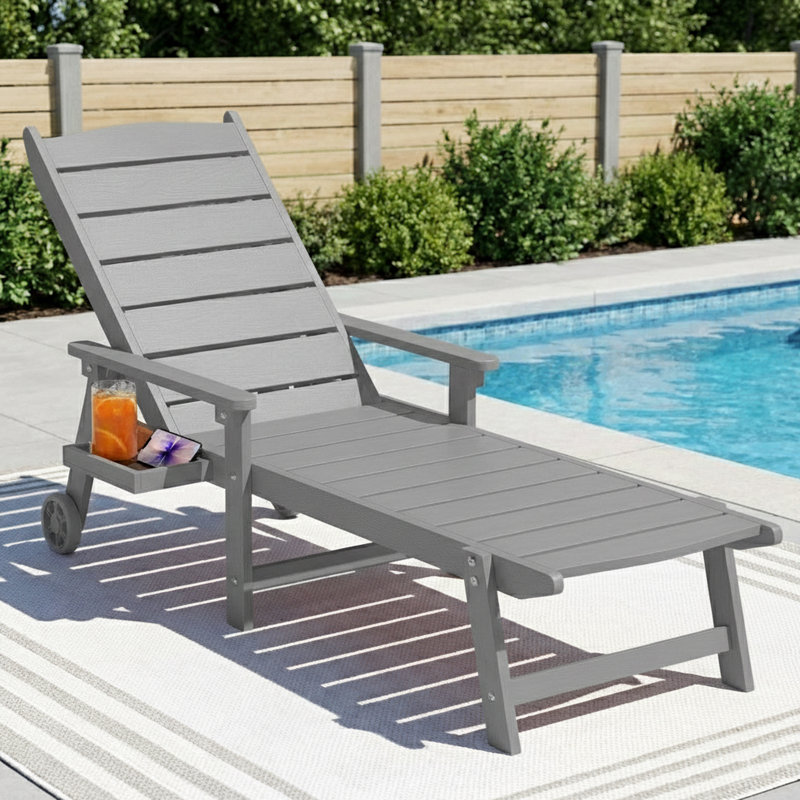Outdoor HDPE Chaise Lounge Chair with Side Tray, Patio Pool Lounge Chairs, 5-Position Adjustable, All-Weather, DarkGray