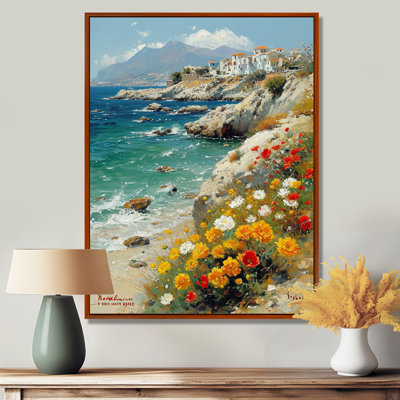 «Blooming Yellow Flowers Beach Town On The Rocks» - art mural plage de sable côtier