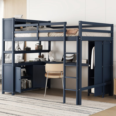 Lit mezzanine en métal avec garde-robe et bureau en forme de L, lit mezzanine double avec cubes de rangement et tablettes, lit mezzanine robuste pour enfants, adolescents, adultes