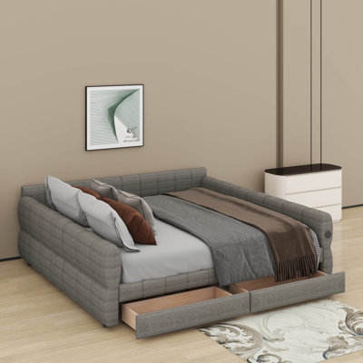 King Size Upholstered Platform Bed With 2 Storage Drawers And USB-Ports, Lambswool Fabric Sleeper Sofa Day Bed