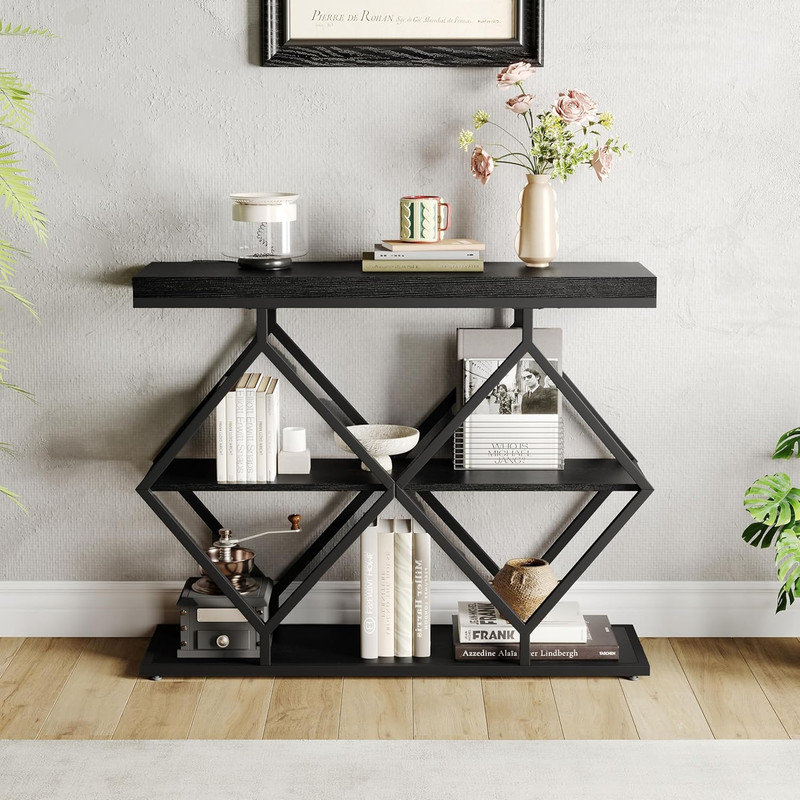 Modern 3-Tier Narrow Console Table with Gold Metal Legs for Entryway, Living Room & Hallway, Black