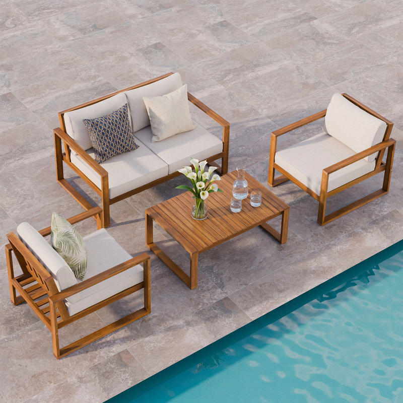 Canapé deux places Loomera avec table basse (partie 1 sur 2) - Mobilier d'extérieur en bois avec coussins texturés résistants à l'eau et assise profonde