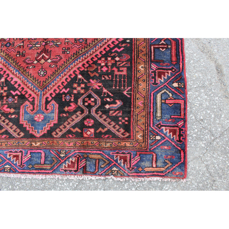 Tapis unique en laine noué à la main des années 1950 de 3 pi 11 po x 6 pi 2 po en brun / noir / rouge