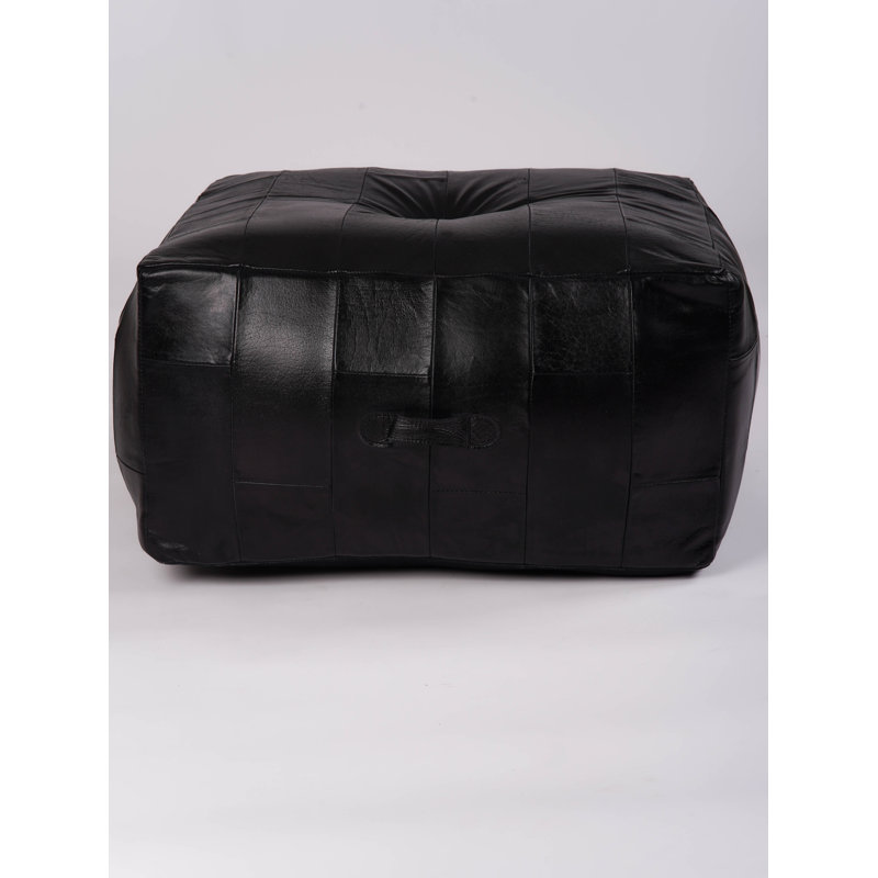 Solid Handmade Buffalo Leather Square Pouf (Recycled Foam With Fibre Fill), 20" H x 20" W x 20" D, Black Genuine Leather