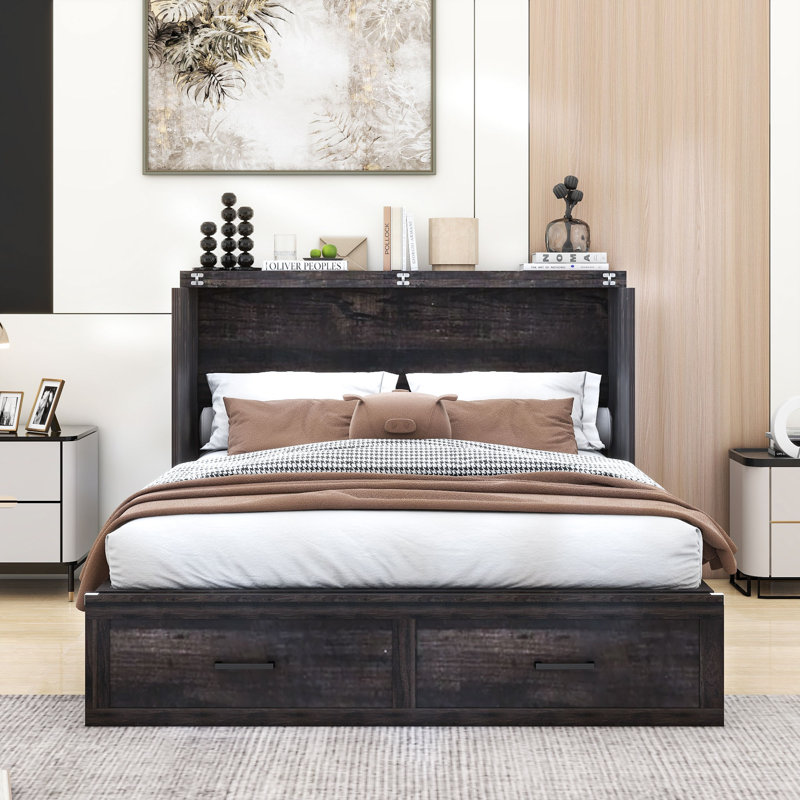 Grand lit escamotable style ferme avec station de charge, lit plateforme pliable avec grand tiroir de rangement, lit mural peu encombrant pour chambre d'amis et petite chambre à coucher